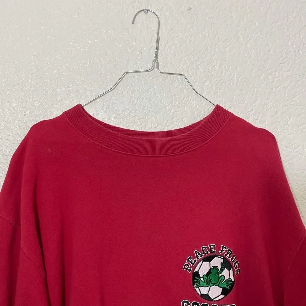 Vintage Peace Frogs Red Crew Neck Embroidered Soccer Sweatshirt Unisex Size XL